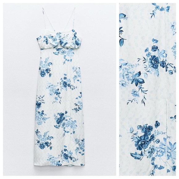 NWT. Zara White/Blue Floral Print Lingerie Style Midi Dress. Size L. - Picture 4 of 10